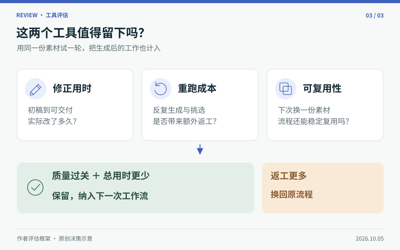 根据修正用时、重跑成本和可复用性判断是否保留字幕封面工具