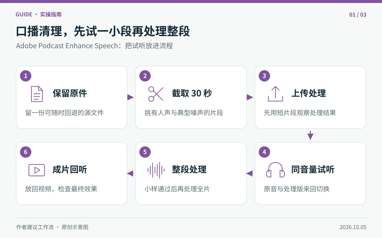 用Adobe Podcast给口播降噪，我会先做这段30秒试听