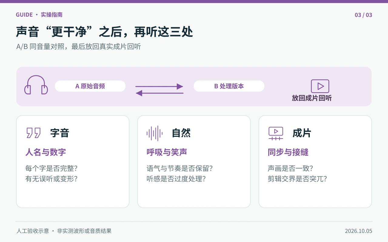 处理后口播需核对字音、自然感及成片同步的人工试听清单