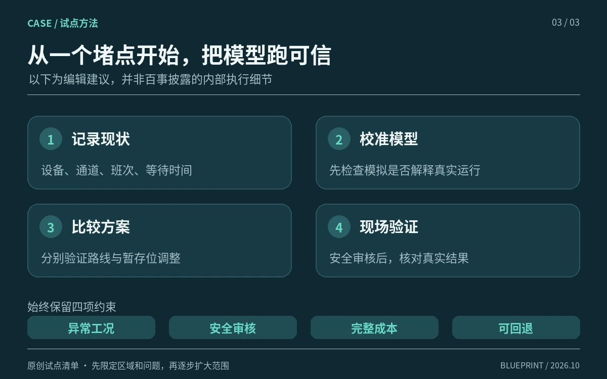 仓库数字孪生试点依次记录现状、校准模型、比较方案和现场验证的清单