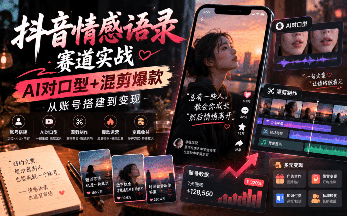 抖音情感语录赛道实战：AI对口型+混剪爆款，从账号搭建到变现