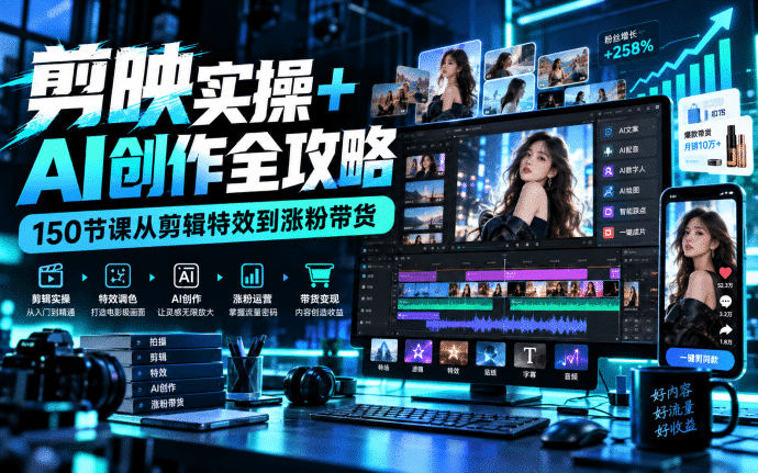 剪映实操+AI创作全攻略：150节课从剪辑特效到涨粉带货