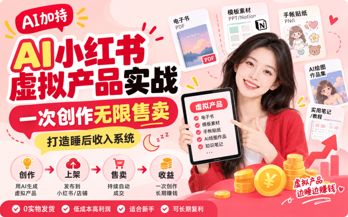 AI小红书虚拟产品实战：一次创作无限售卖，打造睡后收入系统