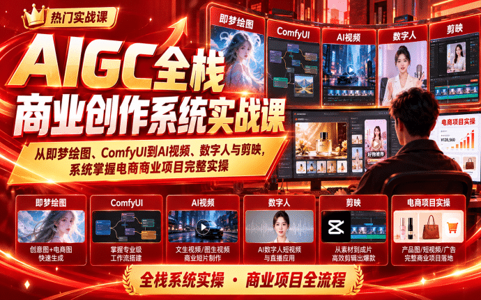AIGC全栈商业创作系统实战课：从即梦绘图、ComfyUI到AI视频、数字人与剪映，系统掌握电商商业项目完整实操