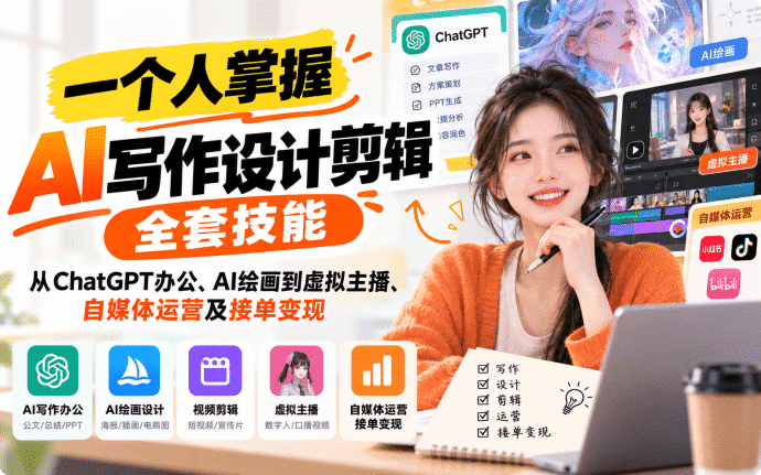 一个人掌握AI写作设计剪辑全套技能：从ChatGPT办公、AI绘画到虚拟主播、自媒体运营及接单变现 [