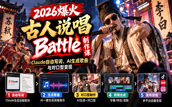 2026爆火古人说唱Battle制作课：Claude自动写词、AI生成歌曲与对口型变现